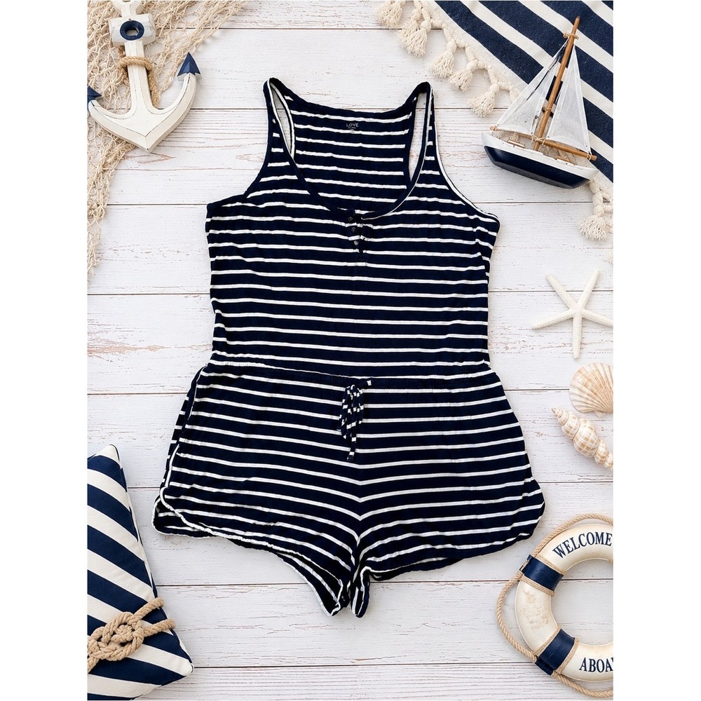 Navy White Striped Romper XL Drawstring Waist Sleeveless Coastal Love by Gap
